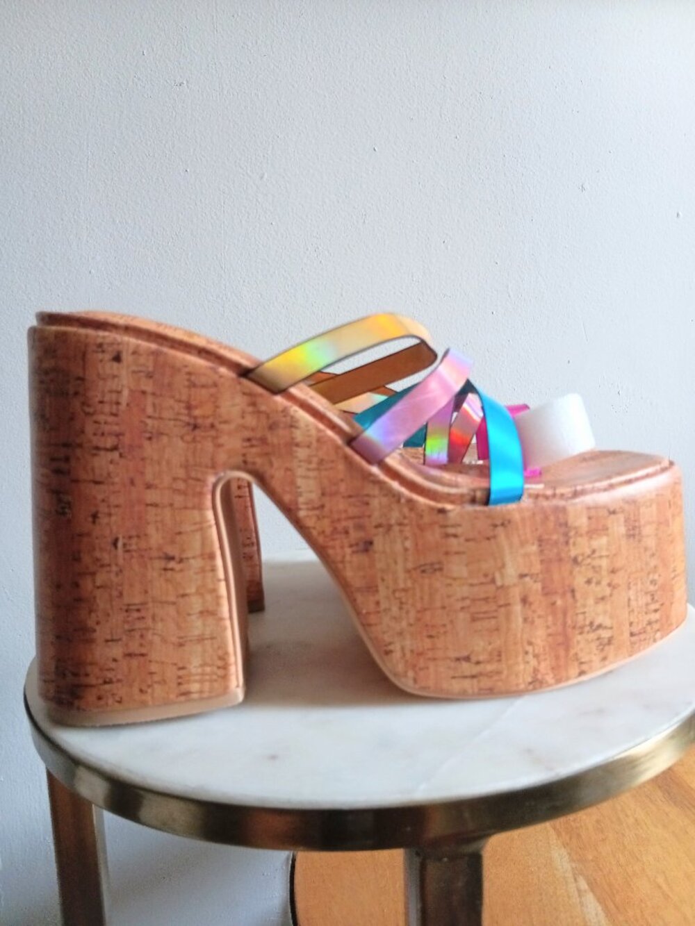 Cape Robbin Elci Metallic Rainbow Strappy Cork Platform Mule Heels
